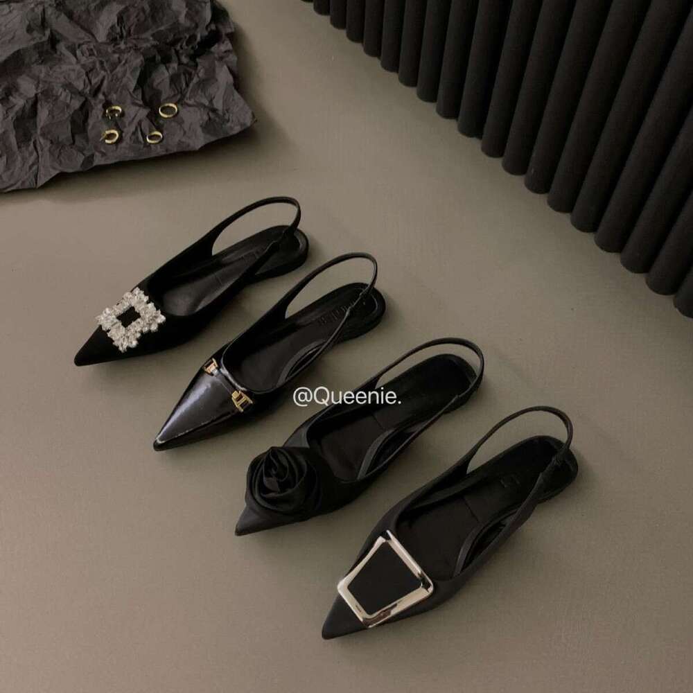 French Style Flat Black Peep-Toe Sandals Fairy 2025 New Spring Summer Pointed Toe Free shipping Rhinestone Elegant Single Shoes
