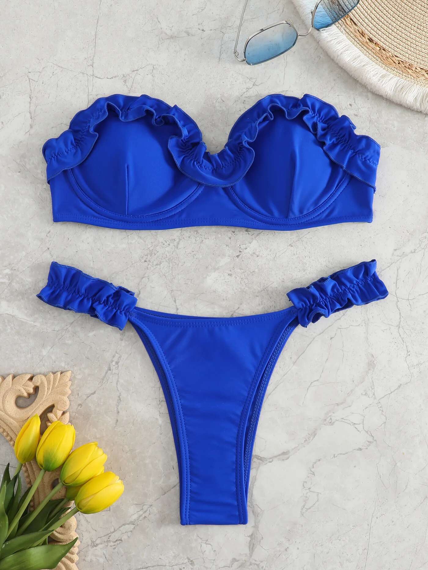 Dongdumaoyi Sexy Bandeau Bikini Women Blue Ruffle Push Up Underwire Swimsuit Brazilian Beach Bathing Suit Pleate Thong Swimwear Biquini