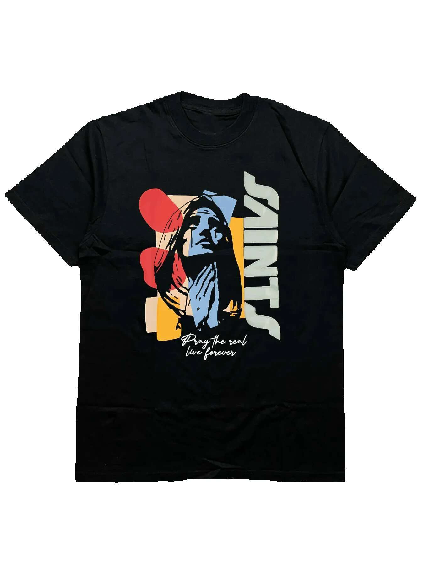 Men's black round neck short sleeved T-shirt, 200g cotton clothing, heat transfer printing with religious theme printed on it