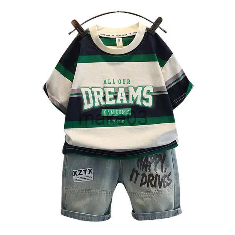 Short sleeved summer striped letter shirt jeans 2-piece baby boy clothing fashion mid size sportswear childrens set J250403