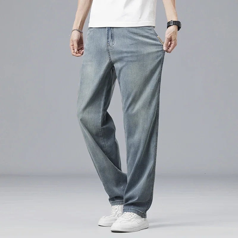 Lyocell ultrathin summer mens jeans elastic ice silk dress soft loose pants straight casual denim clothing Trouser 250401