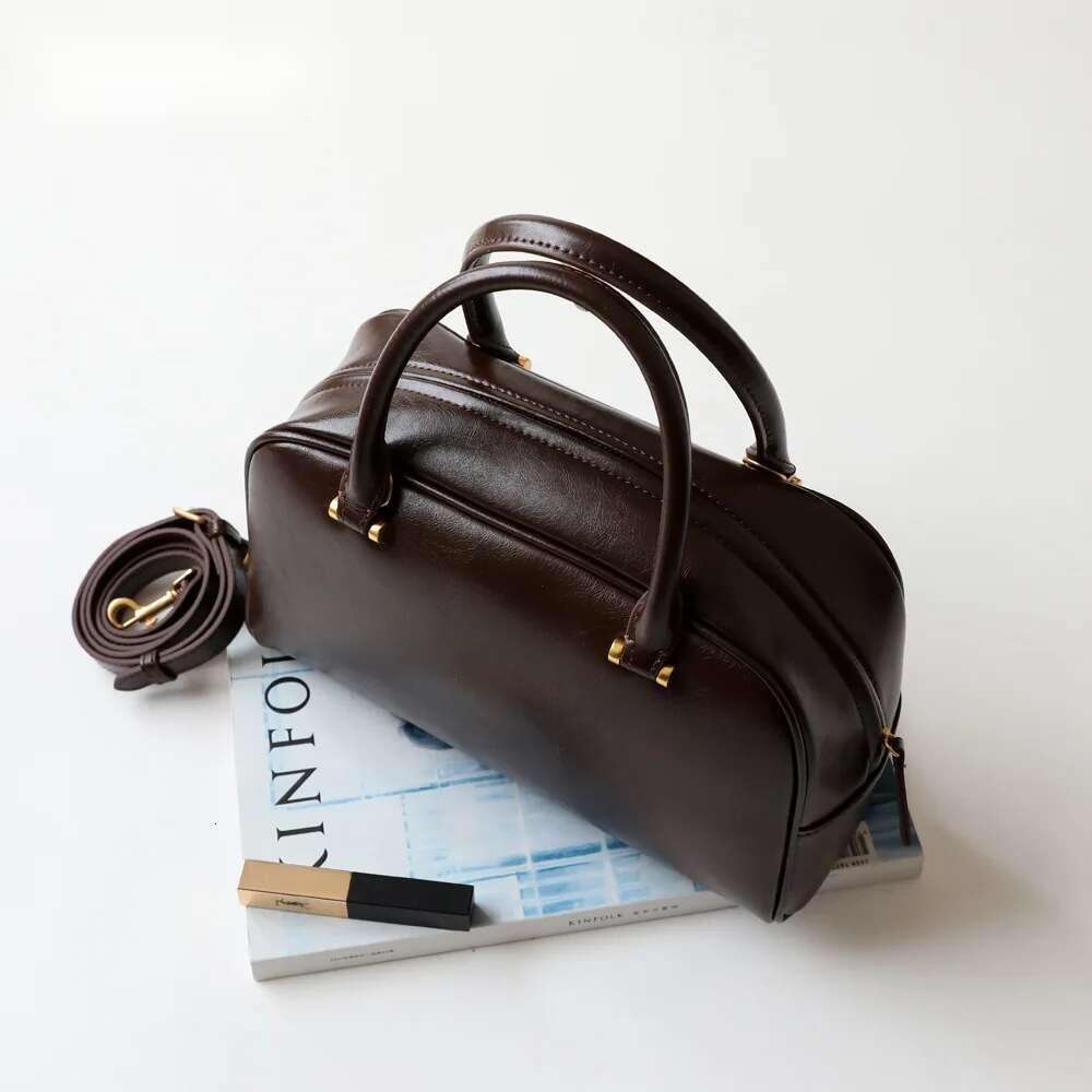 Hot Simple Glossy Not Easily Dirty Coffee Boston Tote Cow Leather Women's Shoulder Bag Retro Commuter Street Lady Handbag