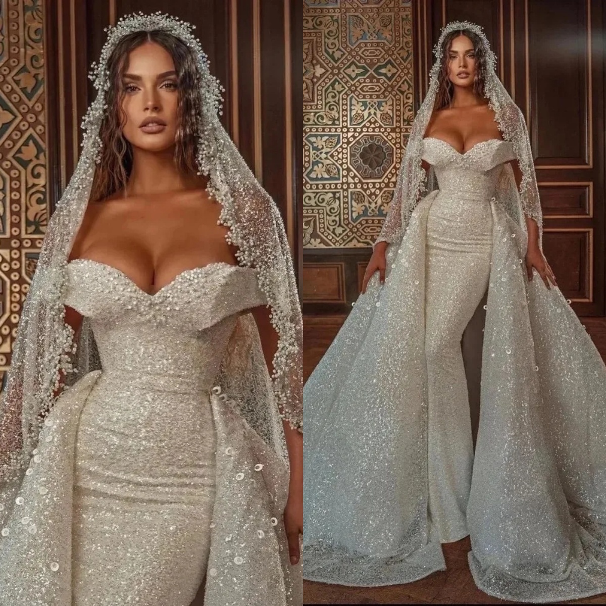 Gorgeous Sequined Wedding Dress Sparkling Crystal Off Shoulder Mermaid Bridal Gown Detachable Train Customized Vestido De Novia