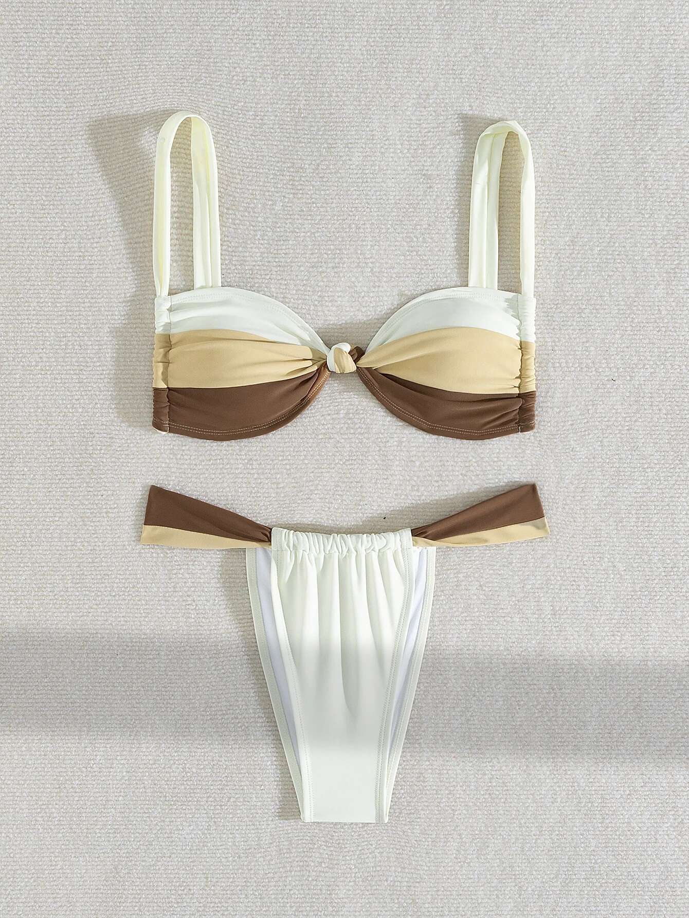 Dongdumaoyi Sexy Beige Patchwork Bikini Women Front Tie Pleate Push Up Micro Swimsuit Brazilian Gradient Bathing Suit Thong Swimwear