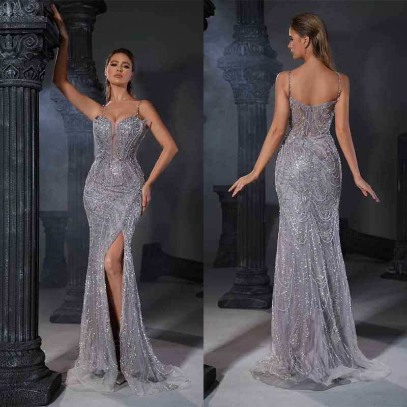 Chic And Elegant Prom Dresses With Spaghetti Strap Beads Sequins Appliques With Side High Split Floor Length Plus Size Formal Special Occasion Vestido