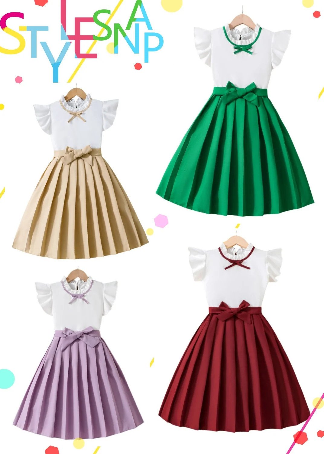 Fresh and elegant summer kids girls preppy dress with lace collar small flying sleeve patchwork green bow waist pleated skirt 250407