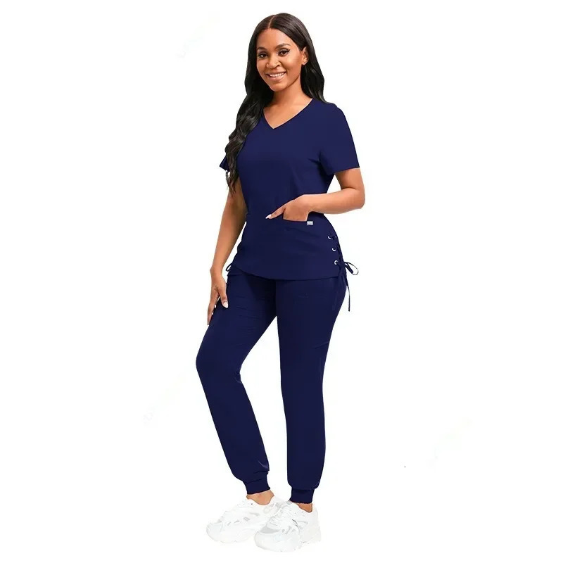 High Quality Pink Navy Blue Red Black Spa Salon Dental Aesthetic Scrubs Beauty Nurse Women Work Uniform Set 250402
