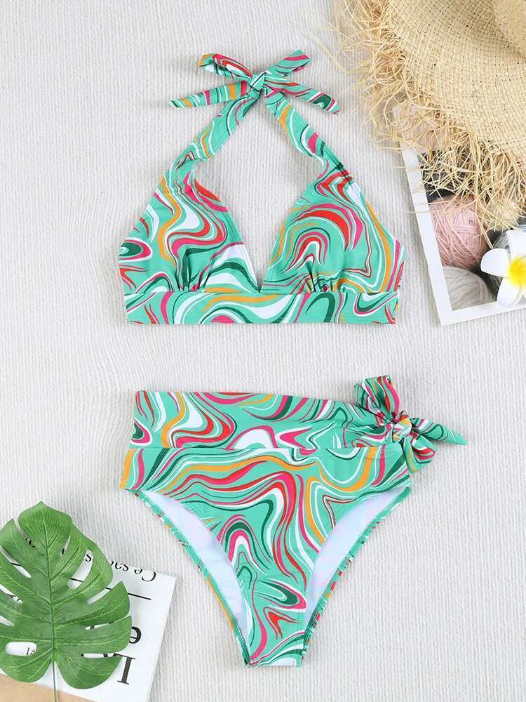 Dongdumaoyi Vintage High Waist Bikini Set Women Black Leave Print Push Up Belt Two Piece Swimsuit Summer Bathing Swimming Suit Swimwear