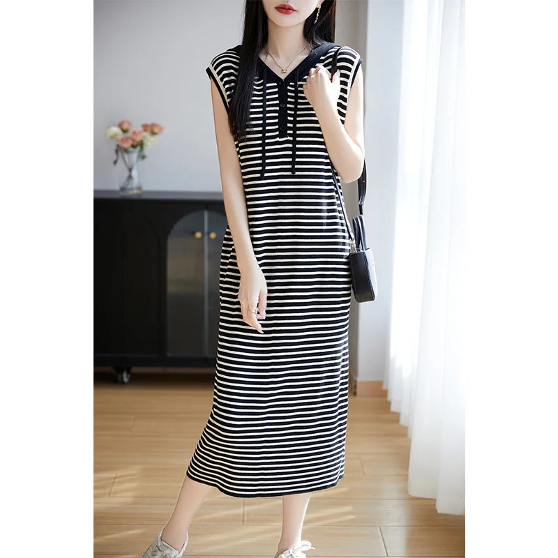 Younger Hoodie Contrast Color Ice Silk Stripe Knitted Tank Top for Womens Weight Loss Long Thin Long Sleeve 250402
