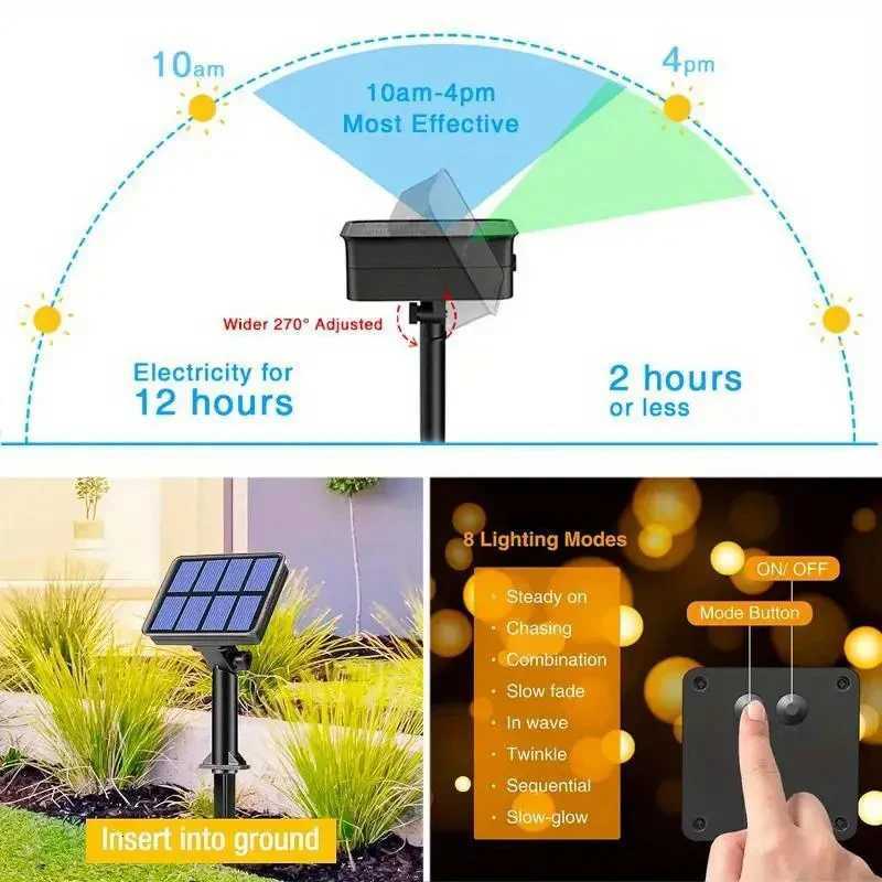 1pcs Solar LED String Lights Waterproof Outdoor Garden Fairy Solar Lights 8 Modes for Street Patio Balcony Tree Decor W251107