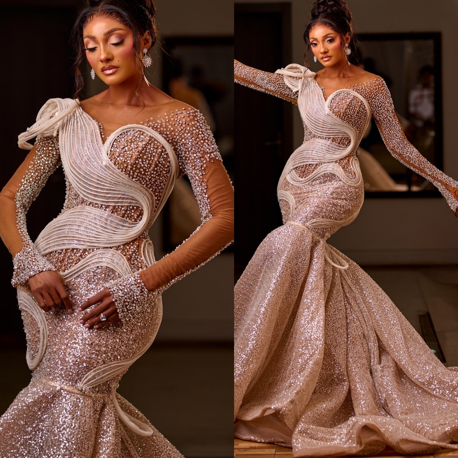 2026 Aso Ebi Plus Size Champagne Mermaid Wedding Dress Illusion Crystals Beaded Full Sleeves Sequined Stylish Bridal Gowns Dresses ZJ0461