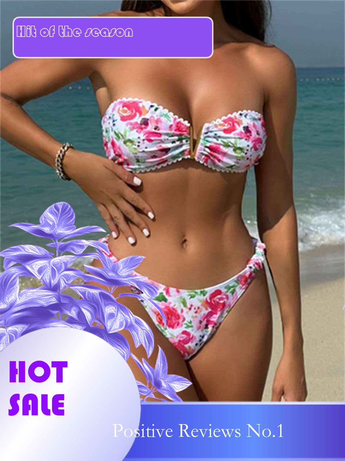 Dongdumaoyi Sexy Metal V Neck Bikini Women Pink Floral Print Bandaeu Push Up Pleate Thong Swimsuit Beach Bathing Suit Micro Swimwear