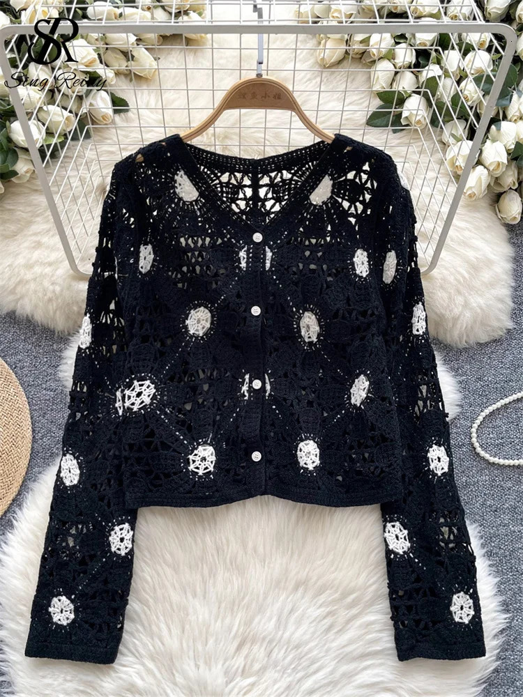 Singreiny Fashion Senior Beach Shirt Single Chest Full Sleeve Loose Coat Hook Flower Hollow Unique Knitted Casual Top 250407