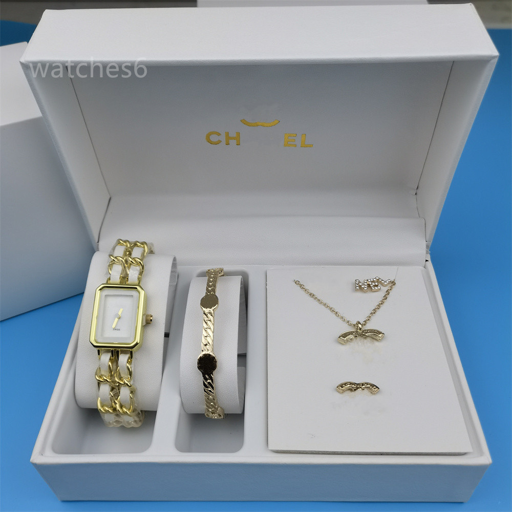 2025 Fashion Women Circular Watches Ladies Black White Leather Metal Quartz Watches Womans Necklace Earrings Bracelet Wrist Watch Luxury Designer Gift Box 6PCS Set