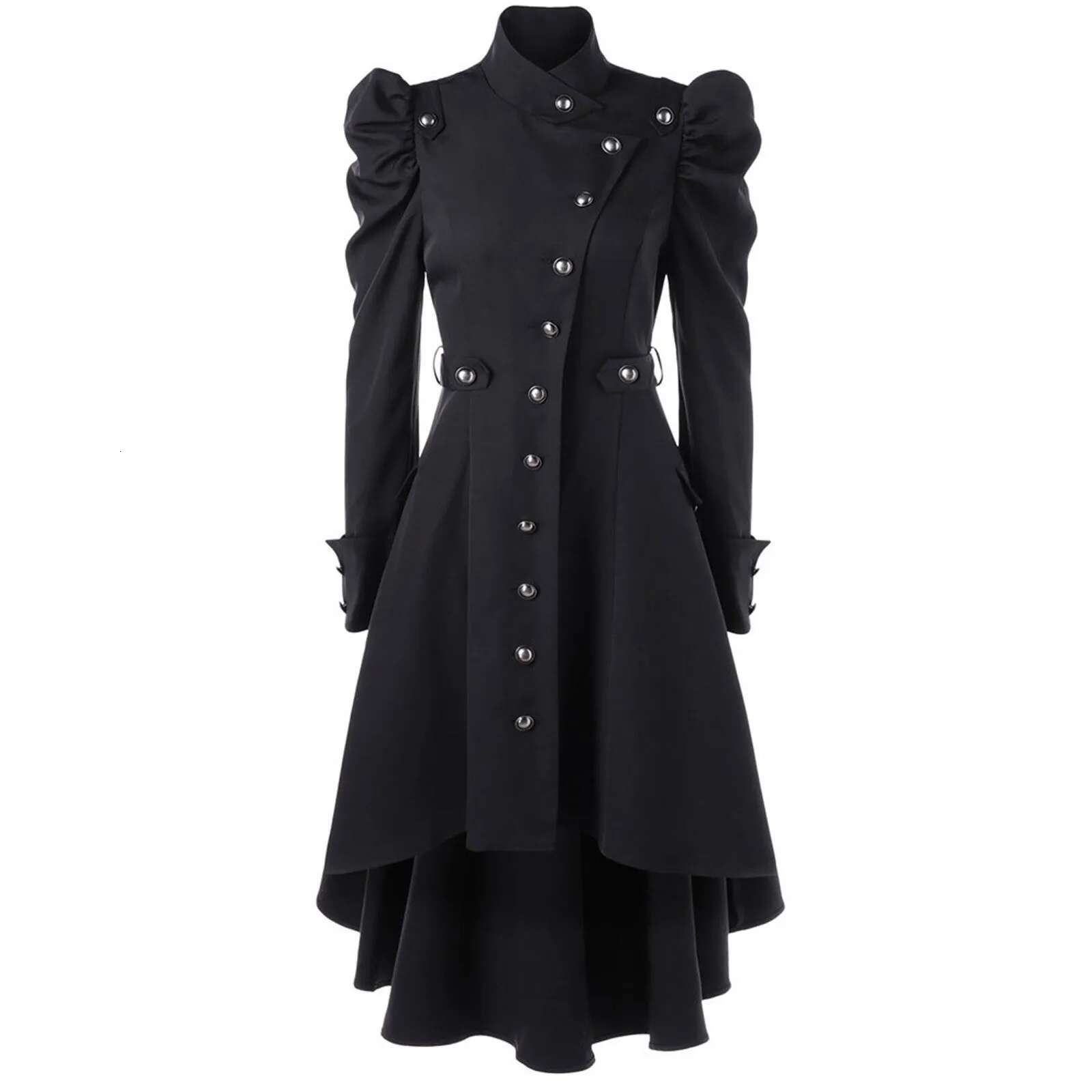 Women Medieval Victorian Vintage Button Up Dress Puff Sleeves Steampunk Gothic Cosplay Halloween Costume Long Jakcet Coats