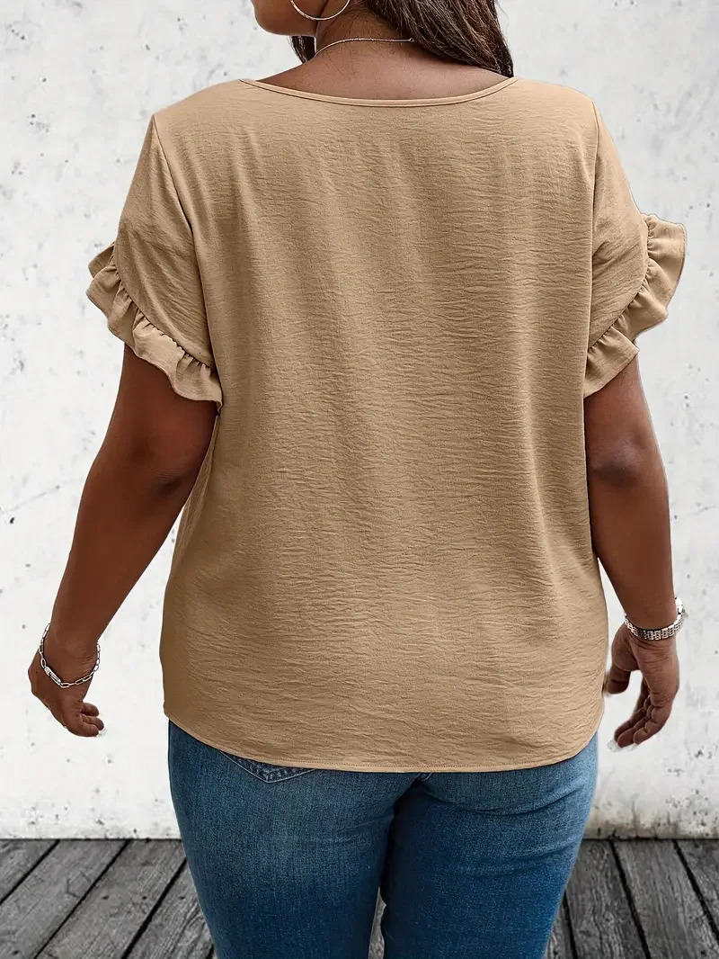 Womens 1XL5XL Plus Size Ruffle Decoration Tshirt Solid Color Flat Top Casual Spring Summer Short sleeved Dress 250407