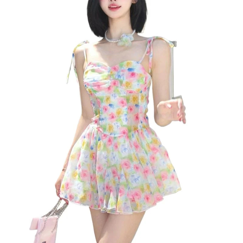 Sexy backless floral mini dress for women spaghetti strap pleated edge laminated ultra-thin elegant dress summer holiday beach party set 250401