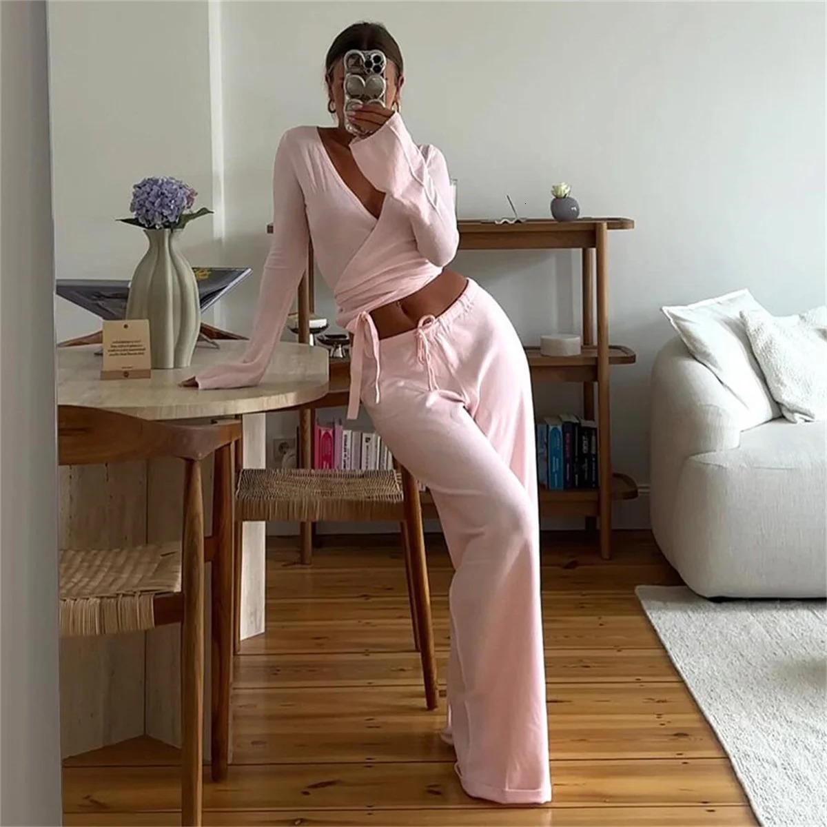 casual suit crop tie top 2piece pants set womens sweater sexy elegant pink solid twopiece tracking 250407