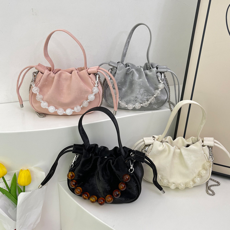 2025S Designer Women S Bag Internet Celebrity Drawstring Bucket New Chinese Style Trendy Pleated Cloud Bag Versatile Pearl Handbag Crossbody Bag