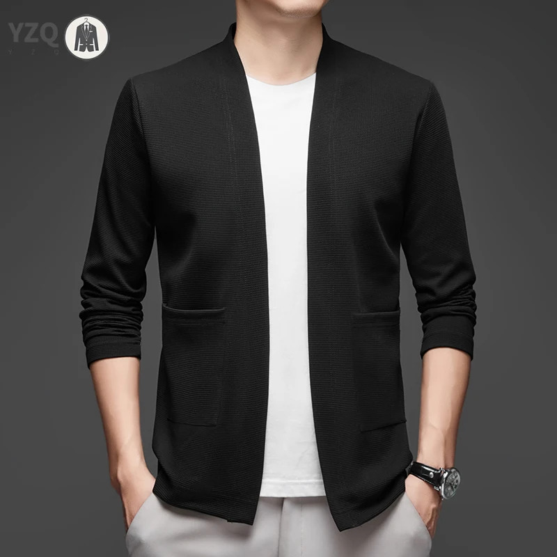 mens business casual long sleeved solid color cape jacket knitted comfortable and fashionable all season paradigm top 250313