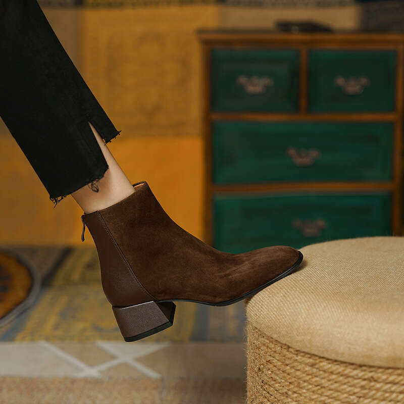 2021 Autumn Winter Women's Square Toe Simple Patchwork Brown Chunky Martin Suede Mid Free shipping Heel Back Zipper Short Boots For Women