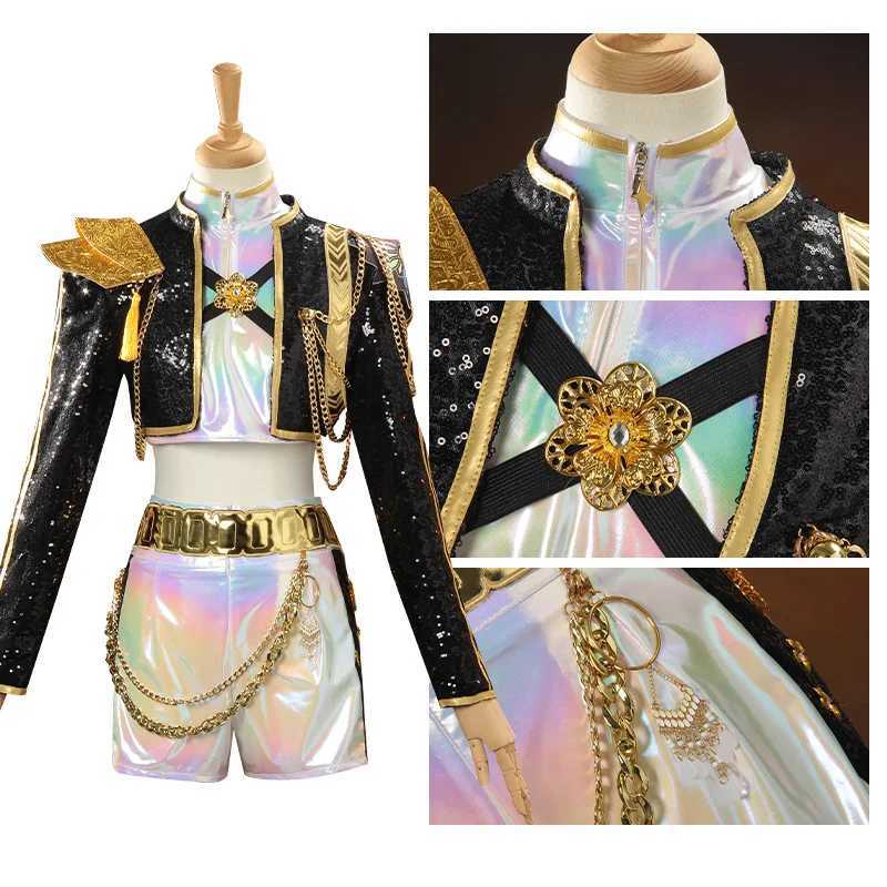 Anime KPop Rumi Cosplay Black Gold Reflective Performance Costume Cosplay Purple Wig Woman Christmas Halloween Party Uniform W251107