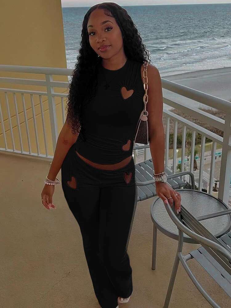 Kliou Heart Hollow Women 2 Piece Set Summer New Casual Sleeveless O-Neck Vests+High Waist Skinny Pants Female Basic Streetwear