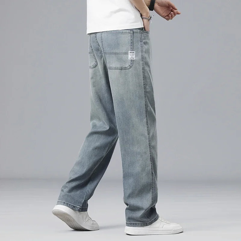 Lyocell ultrathin summer mens jeans elastic ice silk dress soft loose pants straight casual denim clothing Trouser 250401