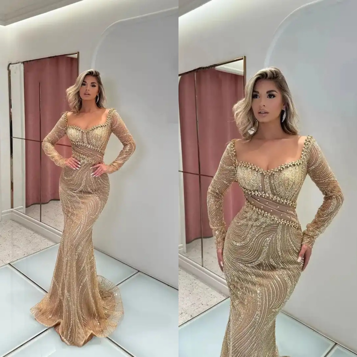 Bling Mermaid Evening Dress Sequins Beaded Crystal Square Neck Prom Gown Illusion Sweep Train Celebrity Dresses Customized