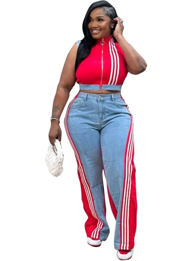 2 Pieces Womens Sets Spring Summer Denim Sleeveless Suit Tops And Wide Leg Pants Suits Two Piece Set Tracksuit Outfit 250407