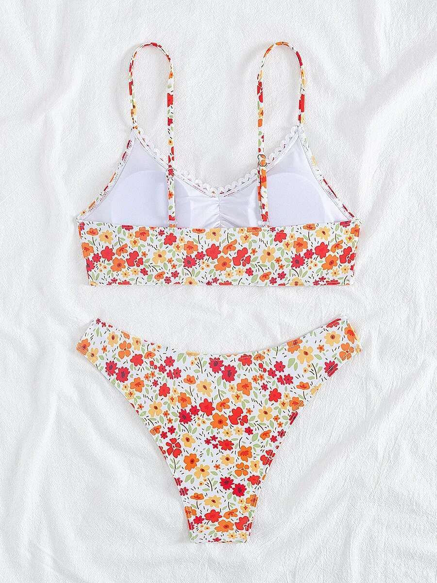 Dongdumaoyi Sexy Orange Floral Print Bikini Mujer Women Ruffles Pleate Push Up Micro Swimsuit Beach Holiday Bathing Suit Thong Swimwear