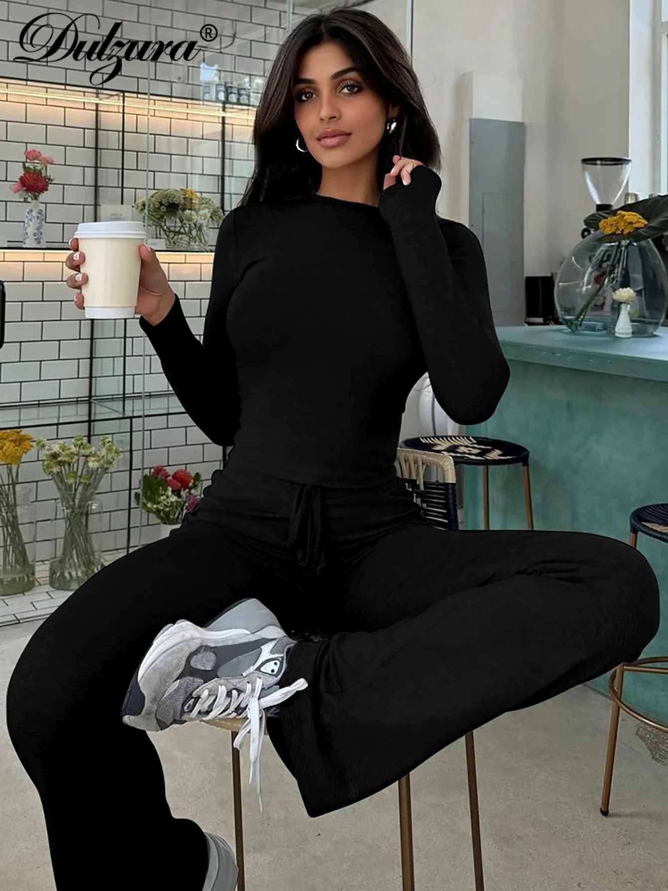 Dulzura WomenS Casual 2 Piece Pants Set Long Sleeves Bodycon Crop Top And Drawstring Flare Pants Matching Set Streetwear Autumn 251104