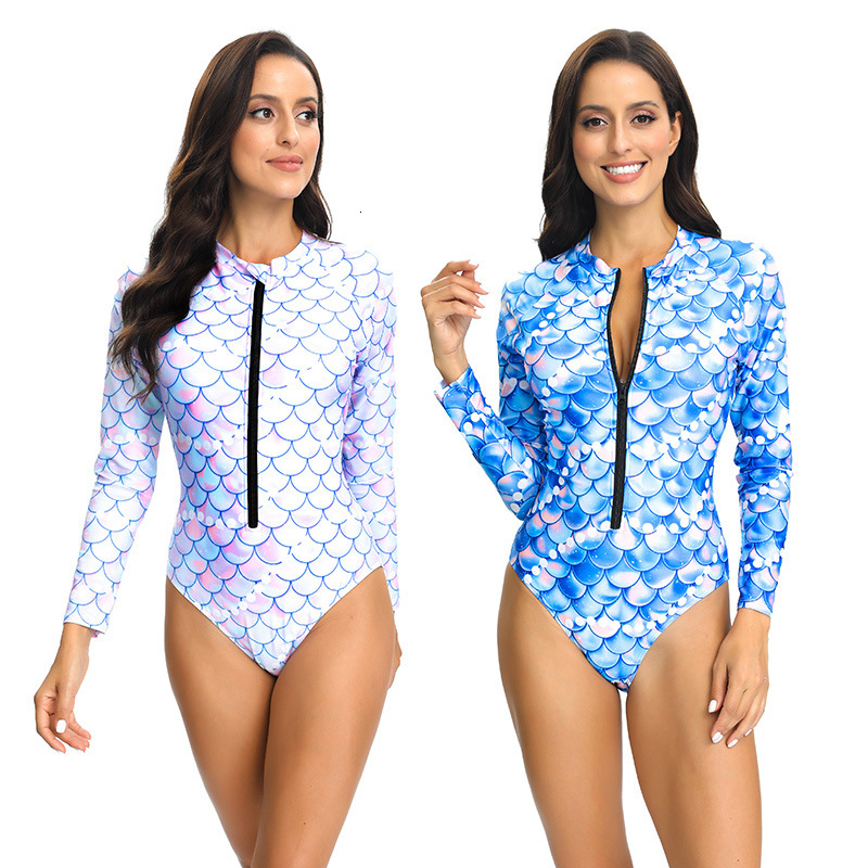 New one-piece long sleeved zipper fish scale print fashion trend surfing suit women's swimsuit