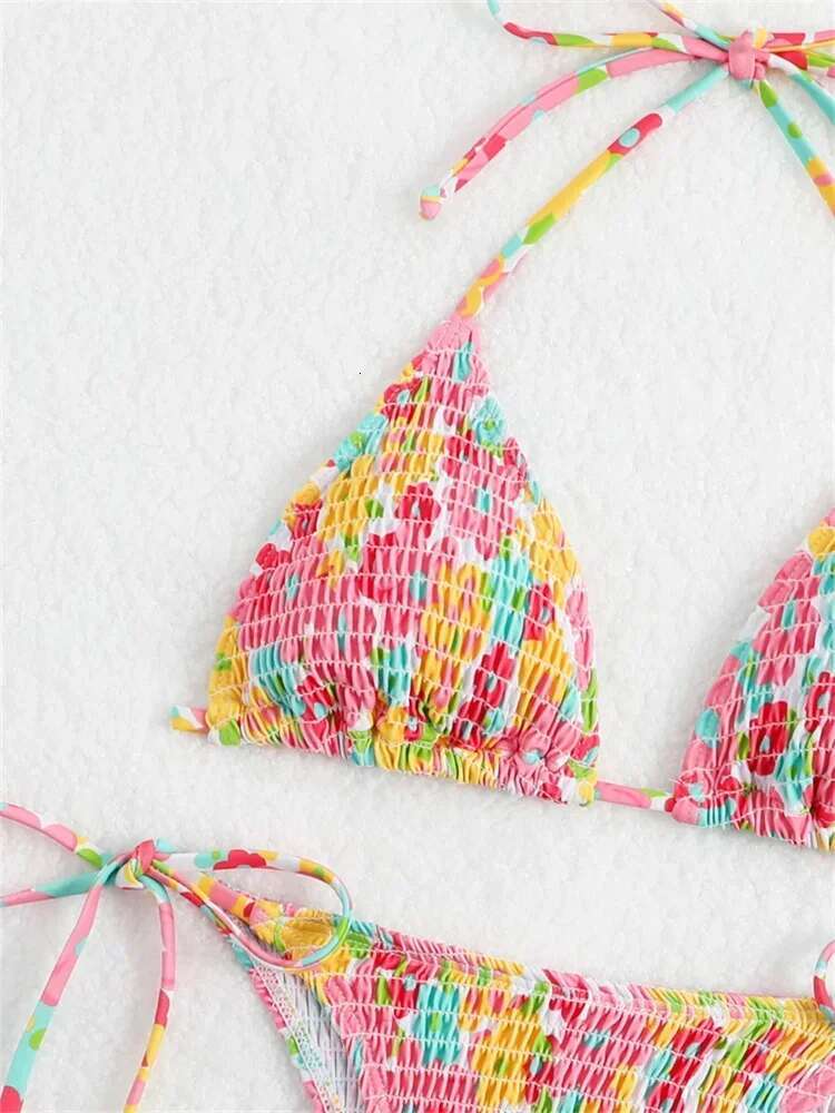 Dongdumaoyi Sexy Micro Bikini Women Pink Floral Print Pleate Tie Side Triangle Swimsuit Brazilian Halter Push Up Bathing Suit Swimwear