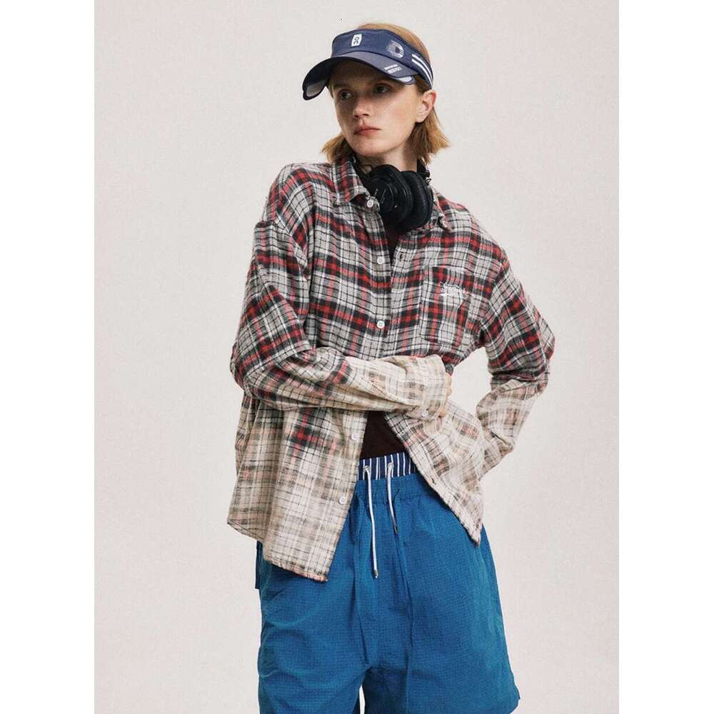 Gradient Dyed Plaid Long Sleeve Mens Pocket Embroidery High Street Lapel Single Breasted Shirts Men Cotton Tops