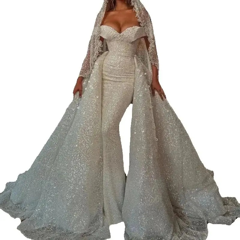 Gorgeous Sequined Wedding Dress Sparkling Crystal Off Shoulder Mermaid Bridal Gown Detachable Train Customized Vestido De Novia