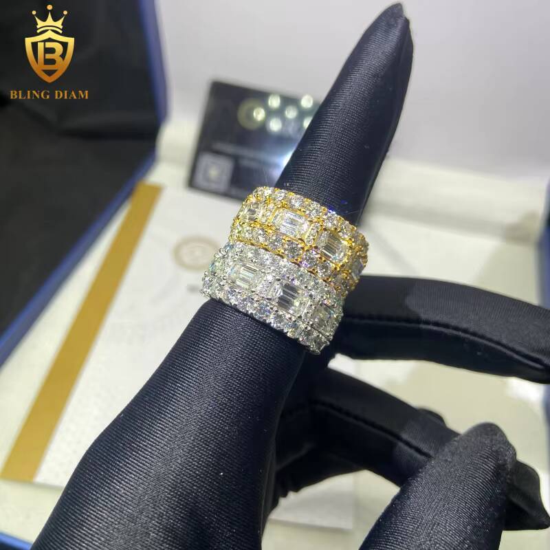 Luxury Full Diamond 925 Silver Ring Men HipHop Emerald Cut Moissanite Rings Iced Out Moissanite Ring GRA Pass Diamond Test Rings