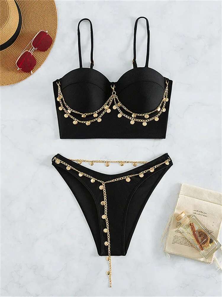 Dongdumaoyi Bikini Women Swimwear New Black Push Up Padded Underwire High Waist Bikinis Set Metal Metalic Bathing Suit Thong Swimsuit