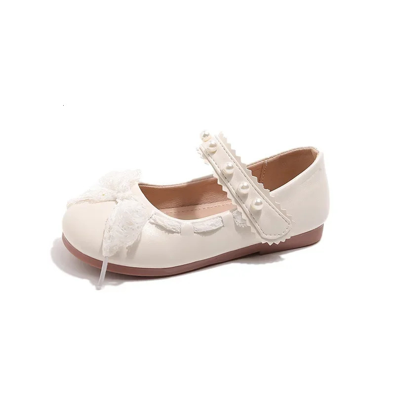 Childrens girls pearl lace princess shoes spring and summer lace bow show solid color casual flat slider size 23-34 250402