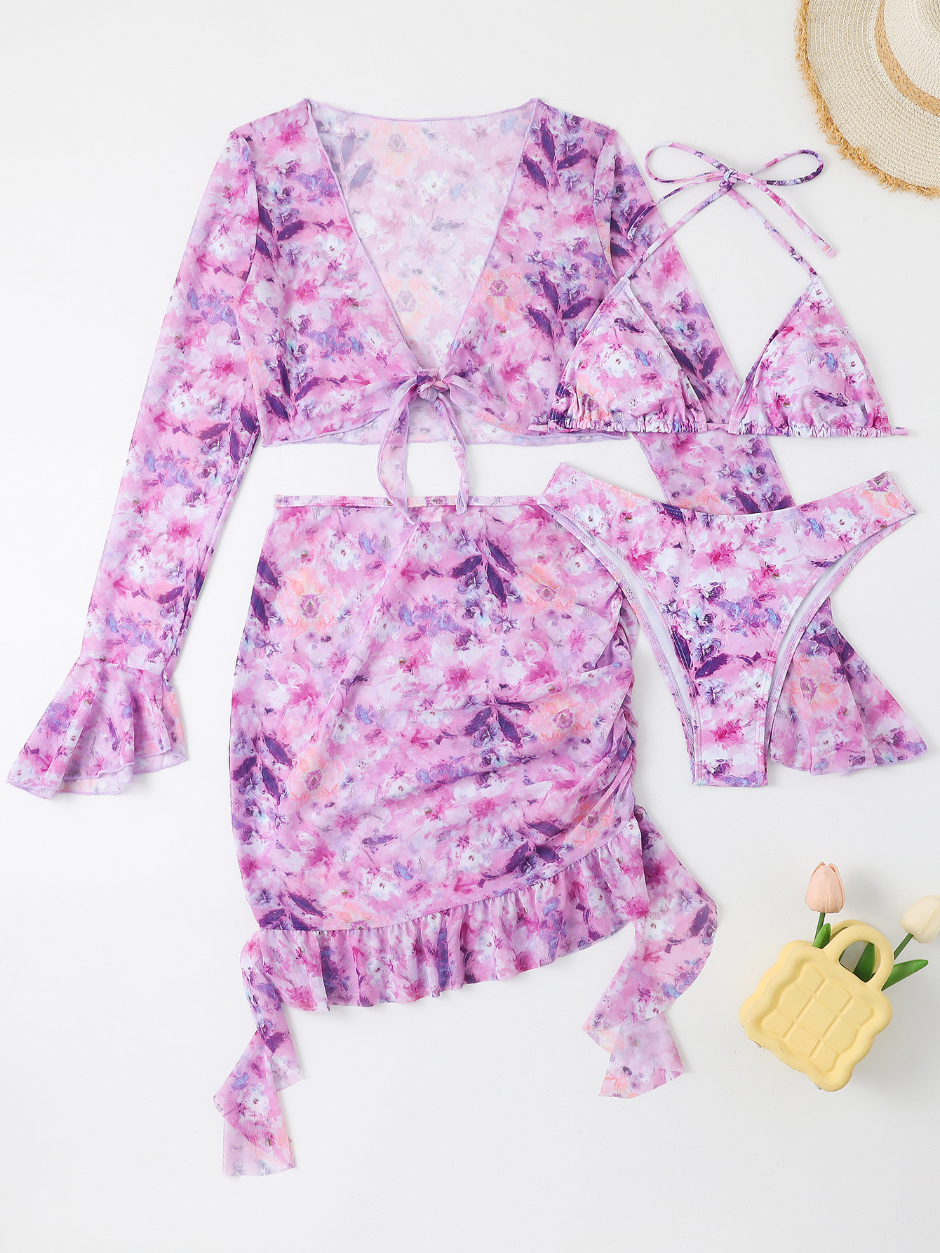 New women's four piece bikini digital printed long sleeved sunscreen beach vacation swimsuit