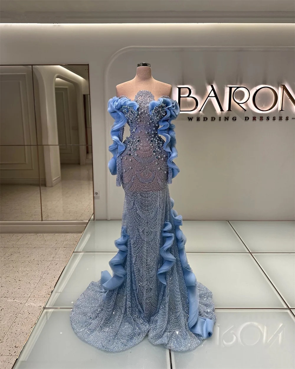 Exquisite Evening Dresses Pearls Crystal Mermaid Prom Gowns Beading See Through Long Sleeves Customized Sweep Train Princess Formal Occasion Party Dre