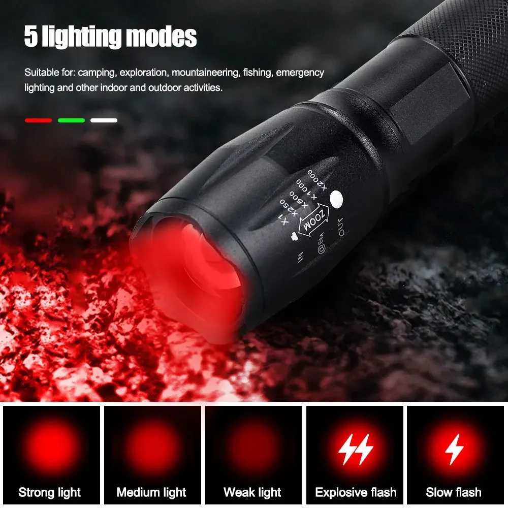Tactical Hunting Flashlight Red/Green Light Zoomable LED Torch USB Rechargeable 5 Modes Lamp for Outdoor Camping HikingW251106