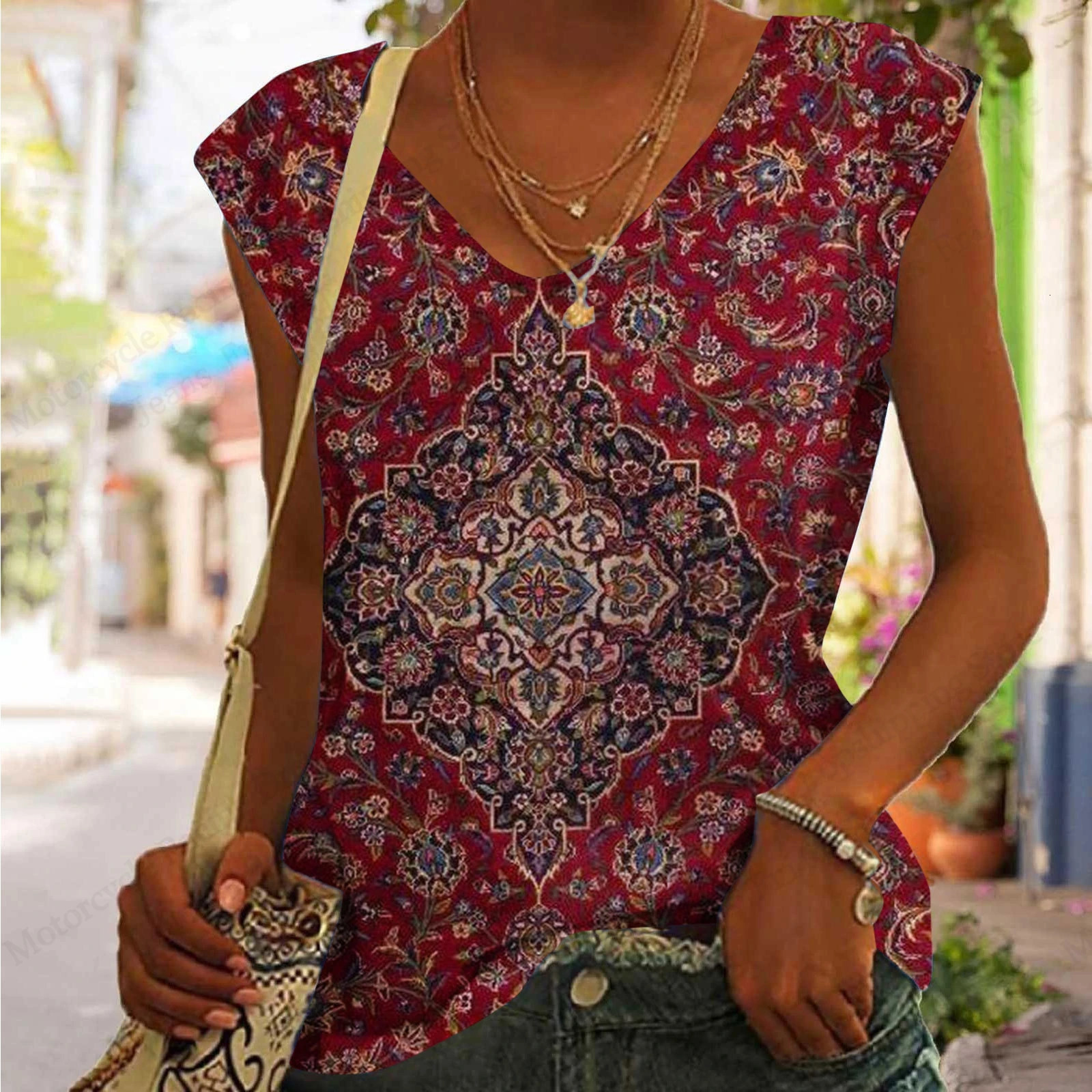 Summer Womens Tshirt Retro Pattern 3D Tank Top Fashion Vneck Short sleeved 250407