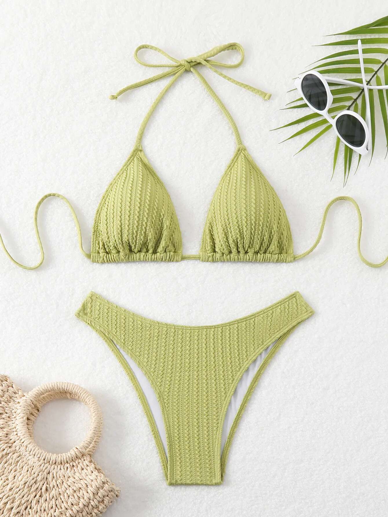 Dongdumaoyi Sexy Green Bikini Women Halter Pleate Push Up Bra High Waist Swimsuit Summer Beach Bathing Suit Two Piece Swimwear Biquini