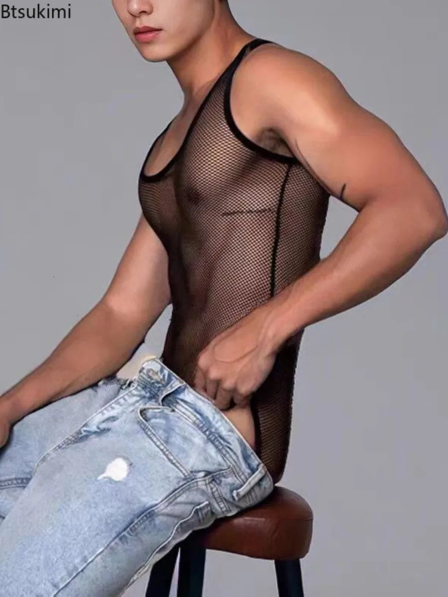 Fashionable mens sleeveless mesh jumpsuit vest breathable and sexy hollow appearance for casual home wear mens triangle tight fitting clothes 250403