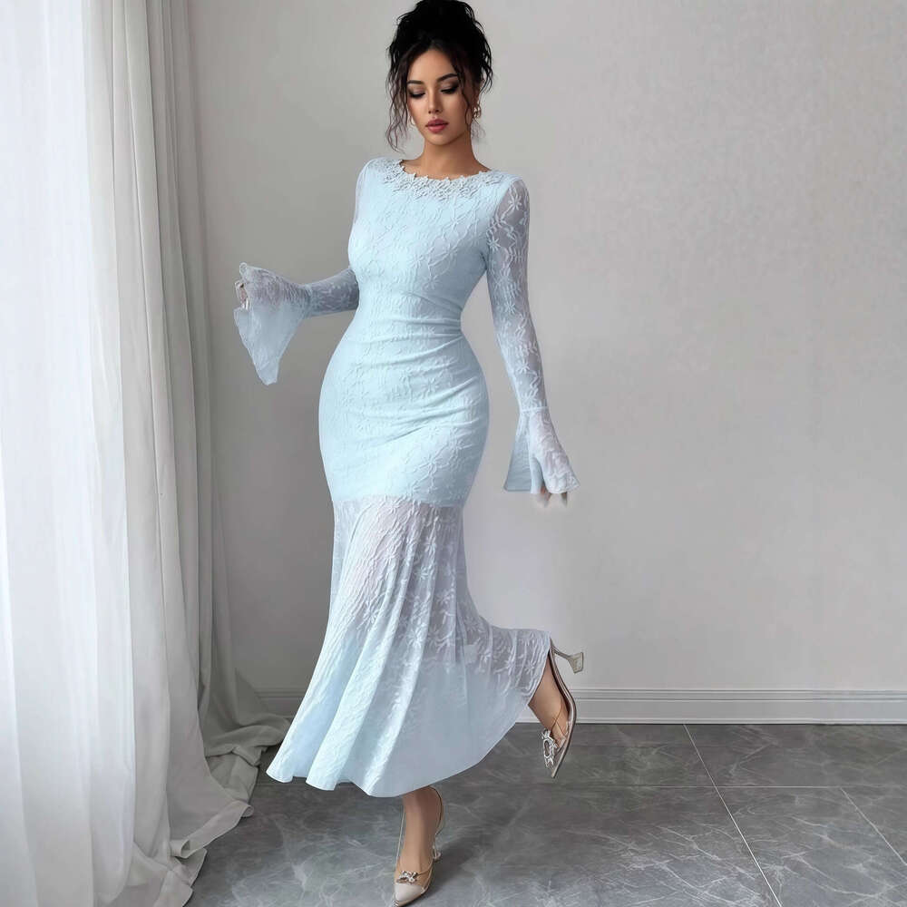 2025 Early Autumn New Solid Color Flared Sleeve Round Neck Slim Fit Long Mermaid Dress for Women
