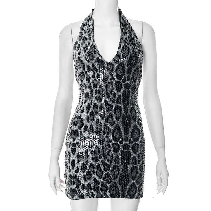 G25DS047 Sexy Sleeveless Halter Leopard Print Sequin Deep V-Neck Backless Bodycon Dress Cross-Border Hot Girl