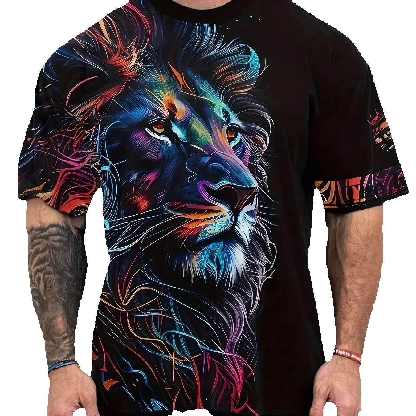 Beautiful 3D printed lion print men's short sleeved round neck T-shirt, soft and breathable, sweat absorbing