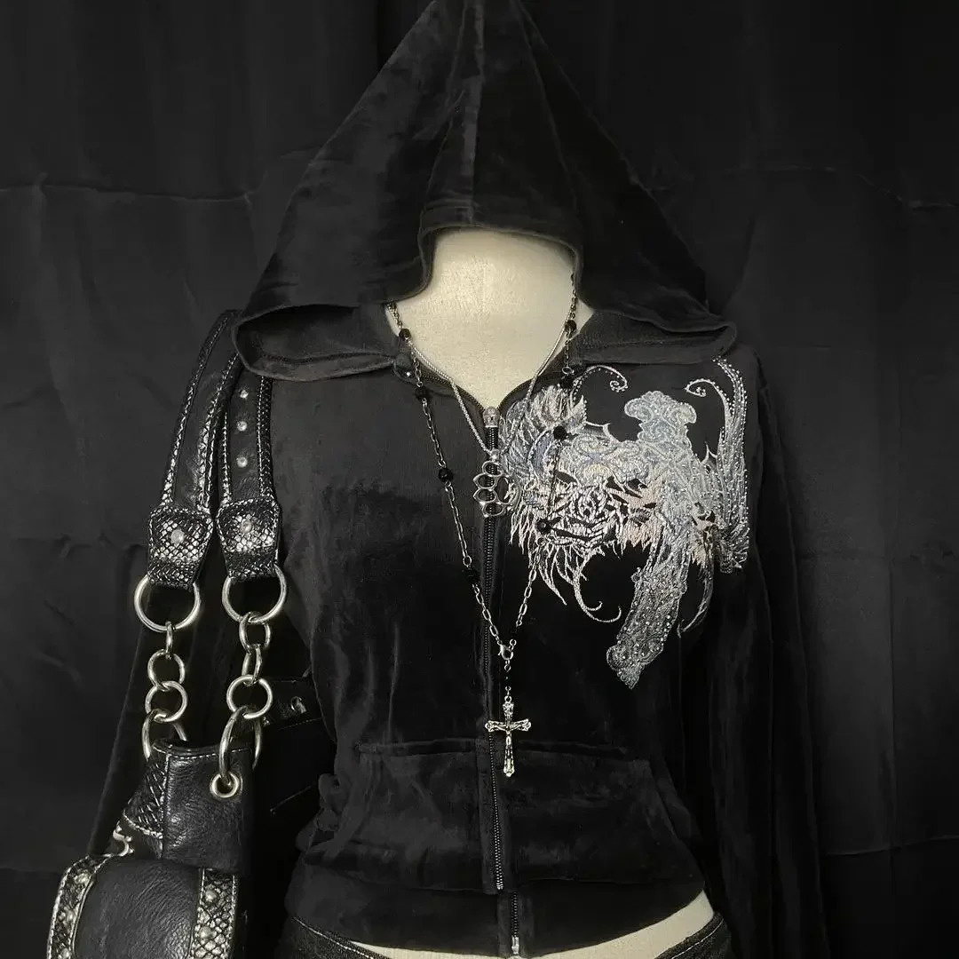 Y2K top trend retro rock spice hiphop ultrathin highquality zipper cover womens Harajuku Gothic punk casual Kopo street hoodie 250403