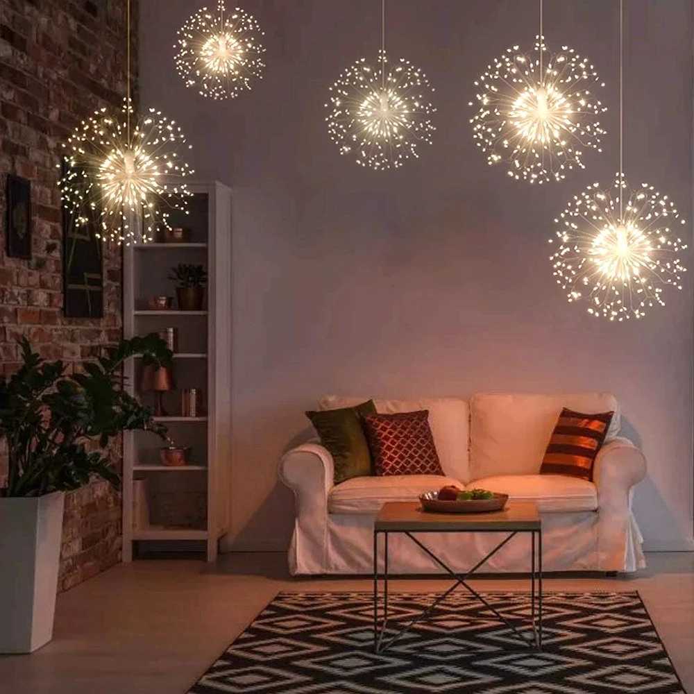 150/200 LED String Fairy Lights Hanging Starburst Lamp DIY Firework Christmas Garland Festival Decoration Remote Twinkle Lights W251107